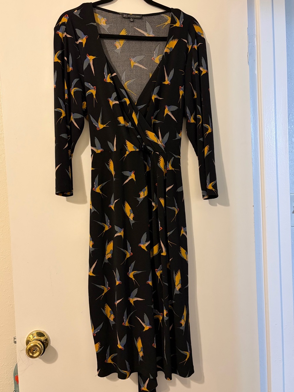 Adrianna Papell Black Wrap Midi Dress with Yellow & Gray Bird Print